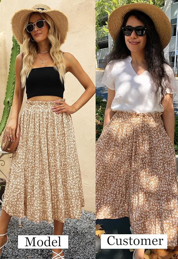 Naggoo Women's Skirts High Elastic Waisted Casual Summer Skirt Pleated Floral/Solid Midi Skirts w... | Amazon (US)