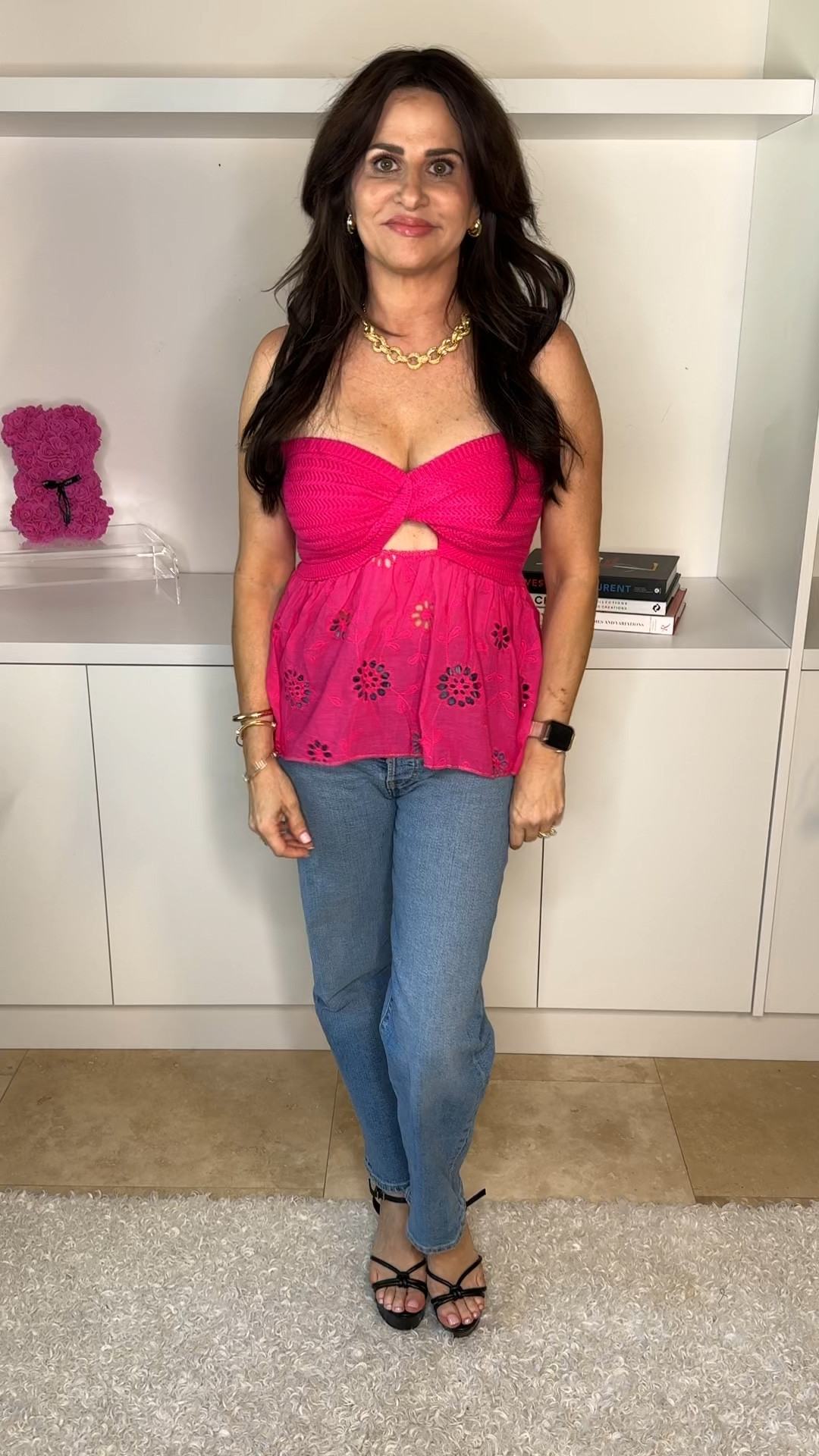 Knit, eyelet  top size med. many color options a available , jeans 25 , shoes TTS 

#LTKVideo #LTKOver40 #LTKSeasonal