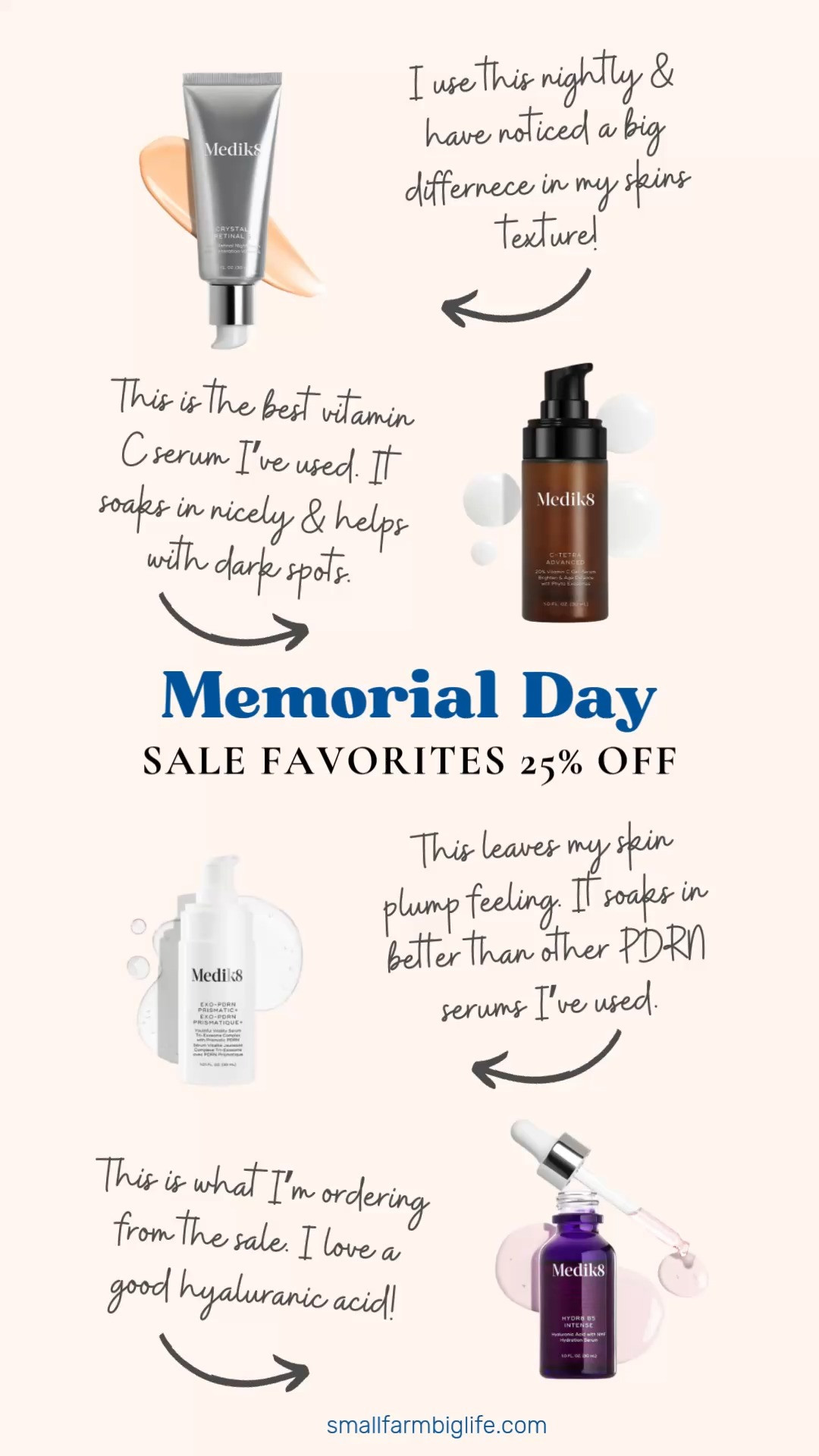 Get 25% off during the Medik8 Memorial Day Sale. The Medik8 Memorial Day sale is happening and I have to share my honest thoughts on everything I have tried because this brand is absolutely incredible! The Crystal Retinal 6 is something I use every single night and my skin has never been smoother. I started with the Crystal Retinal 3 and worked my way up and the results have been remarkable. The C-Tetra Advanced Gel-Serum is on my second bottle because it has genuinely lightened my dark spots, soaks in beautifully, and leaves my skin so smooth and plump. The new Exo-PDRN Prismatic+ is my current obsession because it absorbs into my skin better than any other PDRN serum I have tried. And I just ordered the Hydr8 B5 Intense because I trust this brand completely at this point. If you have been curious about Medik8 this sale is the perfect time to try it. Linking everything below! @medik8 

 #LTKselfcare #LTKSaleAlert #LTKBeauty