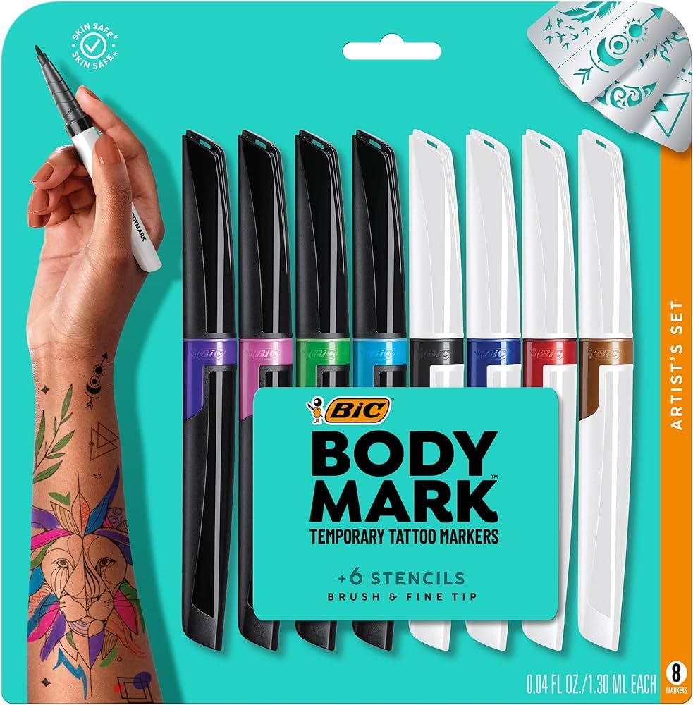 BIC BodyMark Temporary Tattoo Markers for Skin, Artist's Set, Mixed Tip, 8-Count Pack of Assorted Co | Amazon (US)