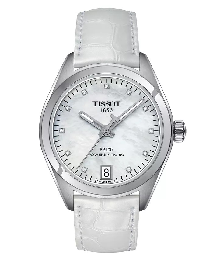Tissot Women's Swiss Automatic PR 100 Diamond Accent White Leather Strap Watch 33mm - Macy's | Macy's