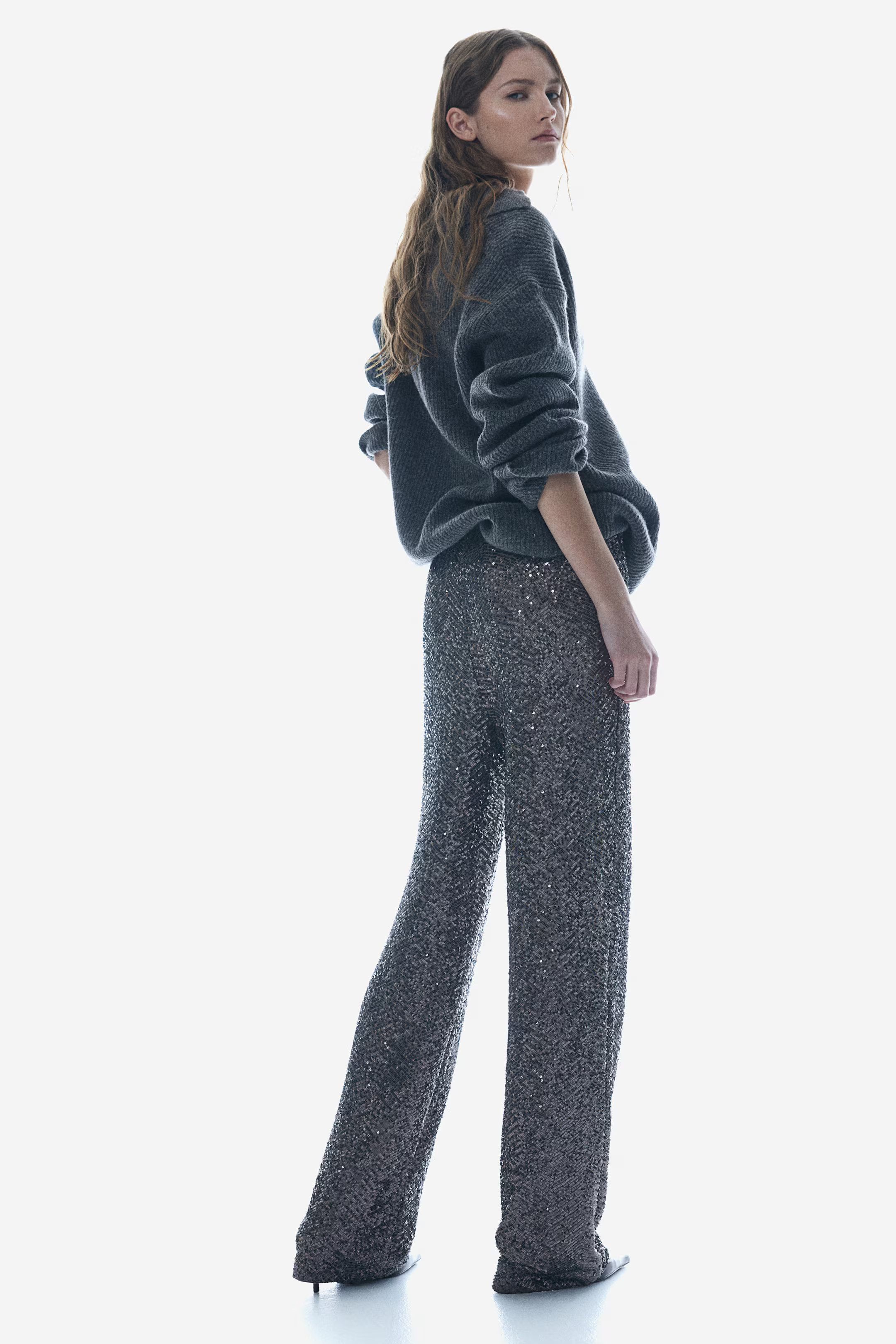 Paillettenhose - Dark grey/Herringbone-patterned - Ladies | H&M DE | H&M (DE, AT, CH, NL, FI)