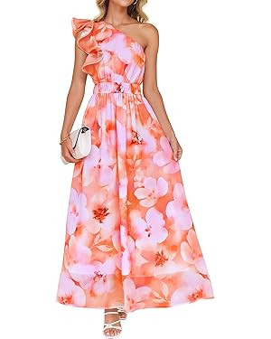 ZESICA Women's 2025 Boho Floral Sleeveless Maxi Dress Ruffle One Shoulder Elatsic High Waist Beac... | Amazon (US)