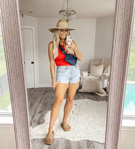 July 4th outfit. Sized up to a large in the tank top and denim shorts, wearing 30. 4th of July. Memorial weekend. Red, white and blue. Belt bag. Summer fashion. Trucker hat. Lake outfit 

#LTKFind #LTKsalealert #LTKunder50