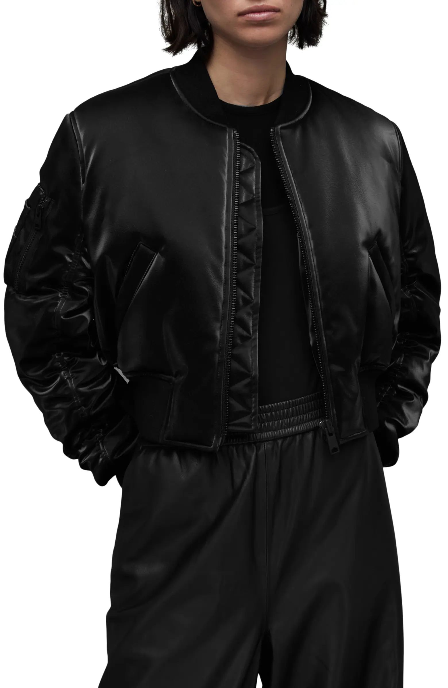 AllSaints Callie Shine Crop Faux Leather Bomber Jacket | Nordstrom | Nordstrom