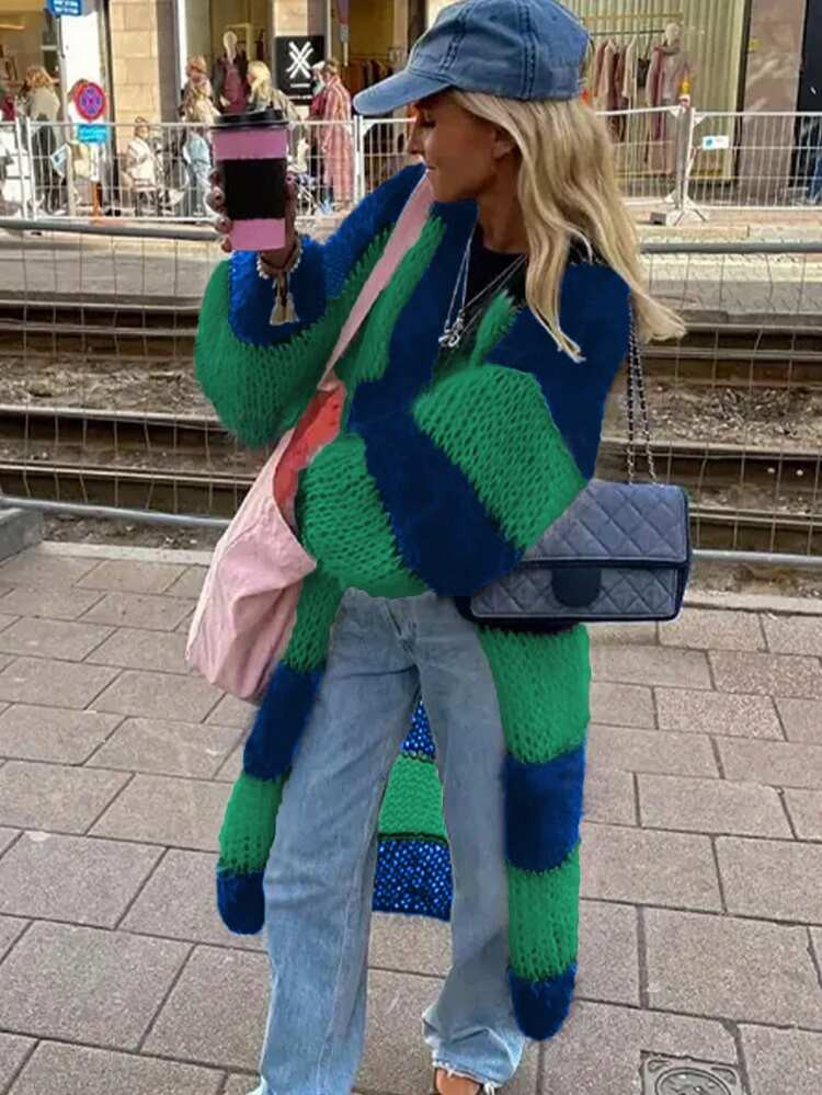 Wide Contrasting Stripes, Fluffy Long Knit Cardigan, Autumn And Winter Collection, Oversized | SHEIN