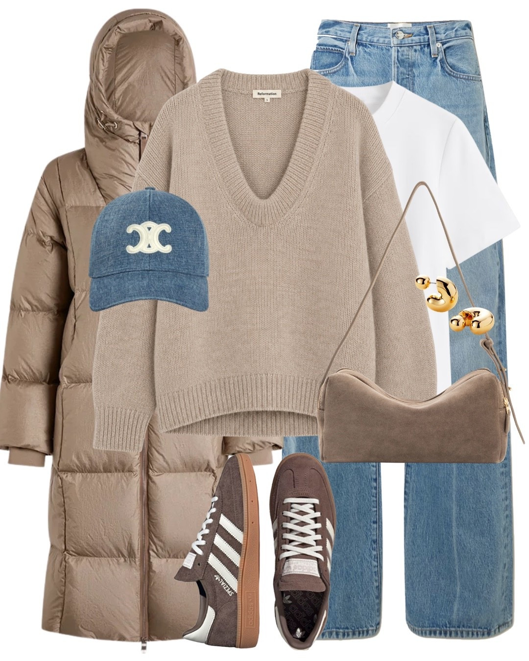 Taupe beige puffer jacket beige suede Adidas Spezial denim baseball cap cream v-neck sweater

#LTKuk #LTKautumn #LTKeurope