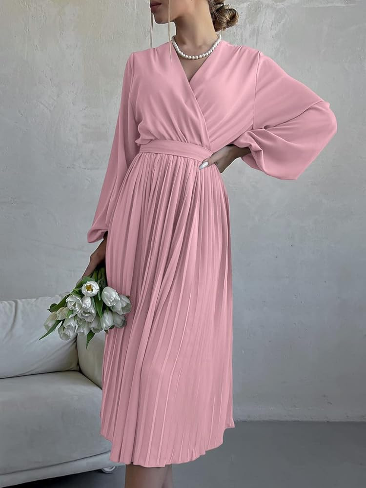 PRETTYGARDEN Women's Spring Midi Dress Long Puff Sleeve Wrap V Neck Flowy Ruffle Pleated Casual Dres | Amazon (US)