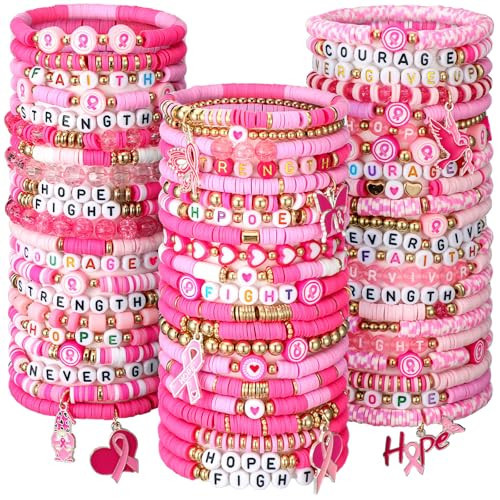 Landical 64 Pcs Breast Cancer Awareness Bracelet for Women Adjustable Pink Ribbon Beads Party Favor Bracelet Pack Hope Courage Breast Cancer Jewelry Gifts for Survivor Goody Bag Fillers Party Favors | Amazon (US)