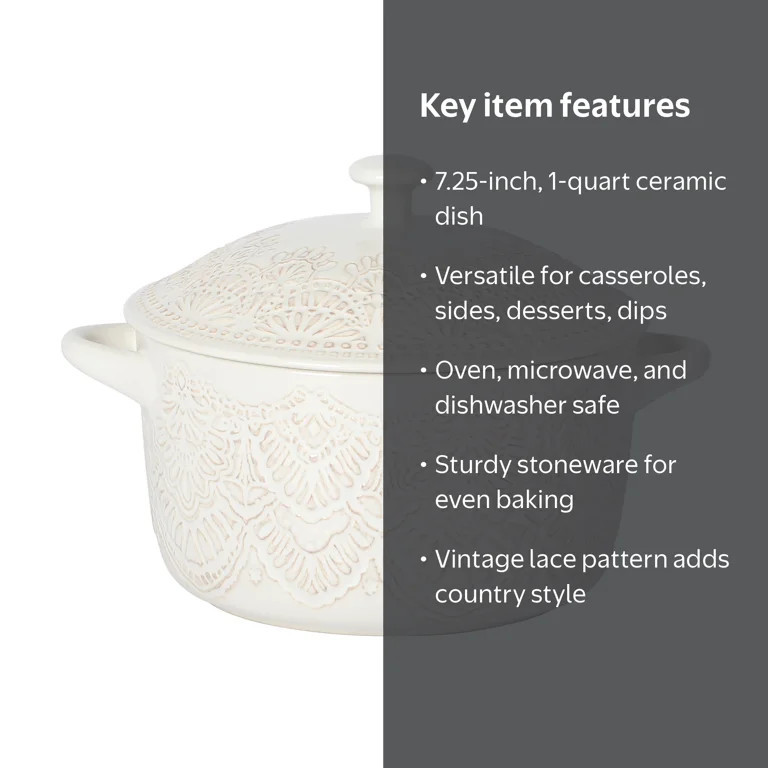The Pioneer Woman Vintage Lace 1 qt Ceramic Casserole Dish with Lid, Linen | Walmart (US)