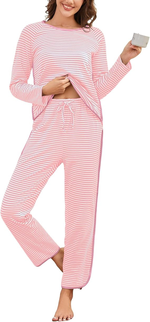 Womens Cotton Pajama Sets Stripe 2 Piece Lounge Set Long Sleeve Pj Set Comfy Loungewear Sleepwear... | Amazon (US)