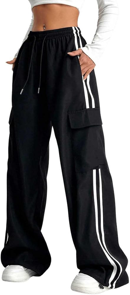 Verdusa Women's Cargo Pants Baggy Straight Wide Leg Athletic Pants Striped Bottoms Streetwear | Amazon (US)