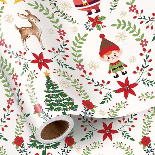 RUSPEPA Christmas Wrapping Paper Roll for Boys Girls, Mini Roll, Santa Claus, Reindeer, Reindeer and Wreath Design, Classic Gift Wrap Paper for Holiday Party, 17 Inches x 16.4 Feet | Amazon (US)