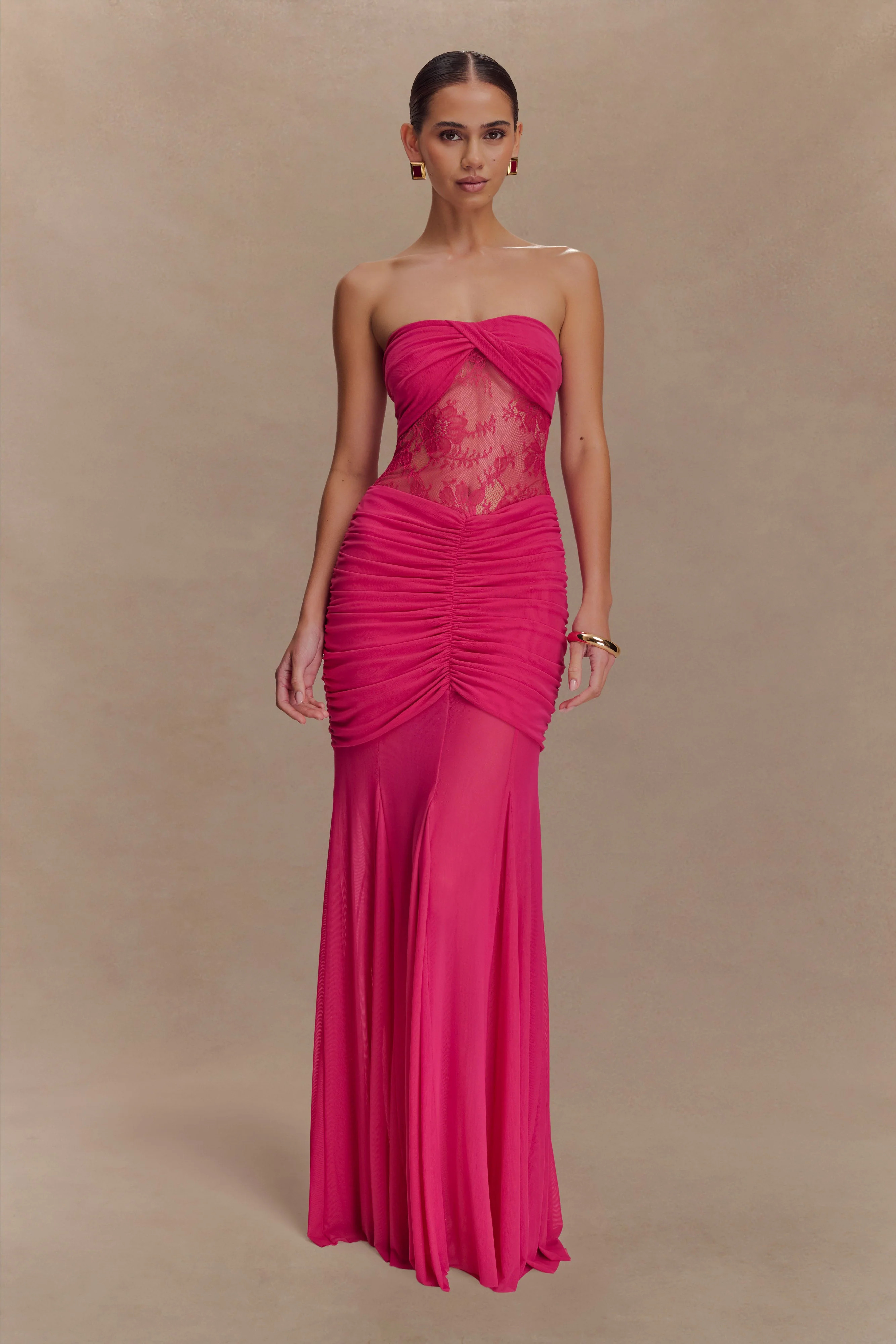 Khadijah Lace And Mesh Maxi Dress - Dragonfruit | Meshki UK