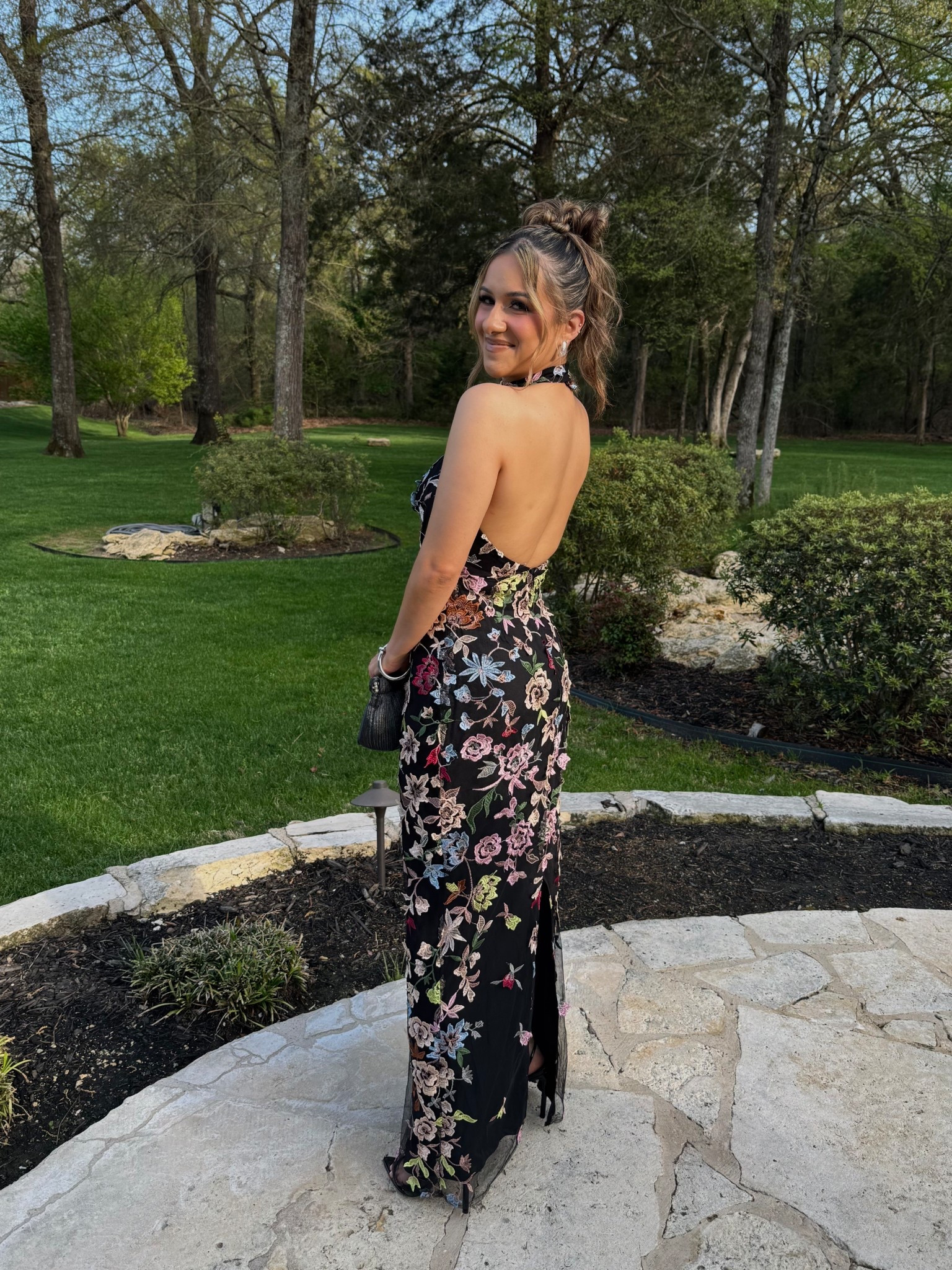 WEDDING GUEST DRESS LOOK
 💍🥂💐🖤

Wedding guest vibes in full effect!
Dress is from @lulus and I’m obsessed—it’s a backless halter moment with the prettiest floral detailing. Elegant, flattering, and perfect for twirling on the dance floor! It’s definitely giving timeless romance 

#LTKSeasonal #LTKWedding #LTKPetite