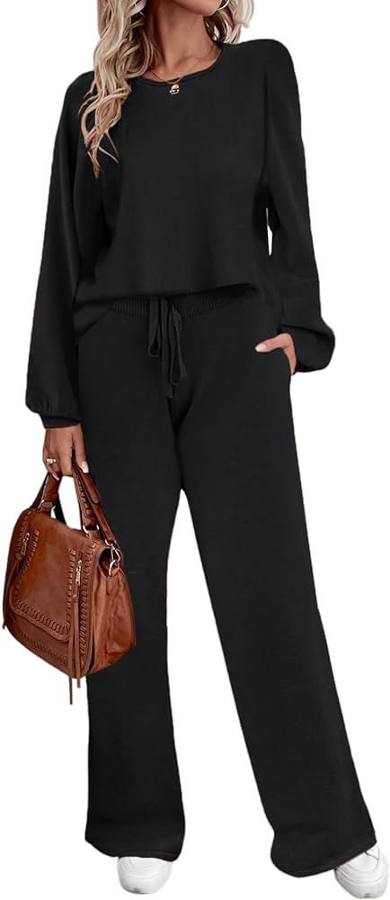 Ekouaer Knit Lounge Sets for Women 2 Piece Cozy Long Sleeve Pullover Sweater Top and Wide Leg Pants  | Amazon (US)