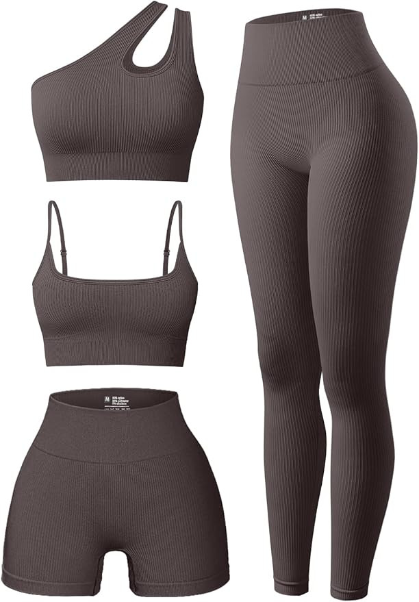 Amazon.com: OQQ Women's 4 Piece Outfits Ribbed Exercise Scoop Neck Sports Bra One Shoulder Tops H... | Amazon (US)