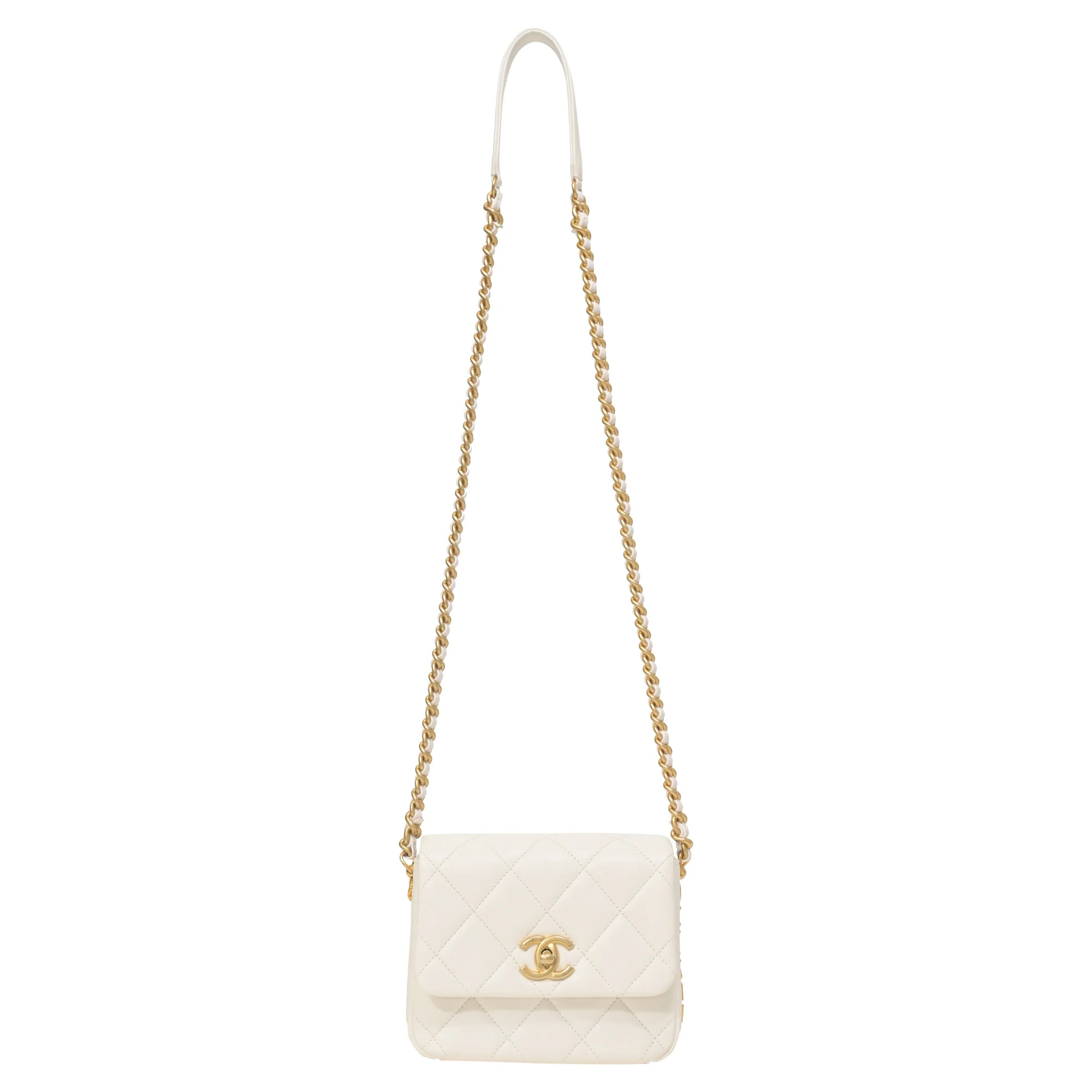 Chanel Mini Square Side Note Flap Bag in Cream White Lambskin Leather | Shop Simon