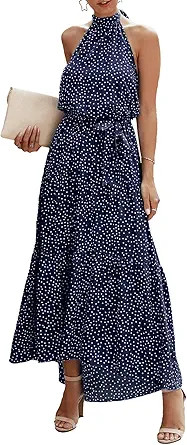 PRETTYGARDEN Women's Casual Halter Neck Sleeveless Floral Long Maxi Dress Backless Loose Ruffle S... | Amazon (US)