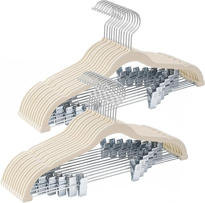 24-Pack Beige Velvet Hangers with Clips Adjustable,Adult Hangers,Heavy-Duty,Felt,Non-Slip,Space S... | Amazon (US)