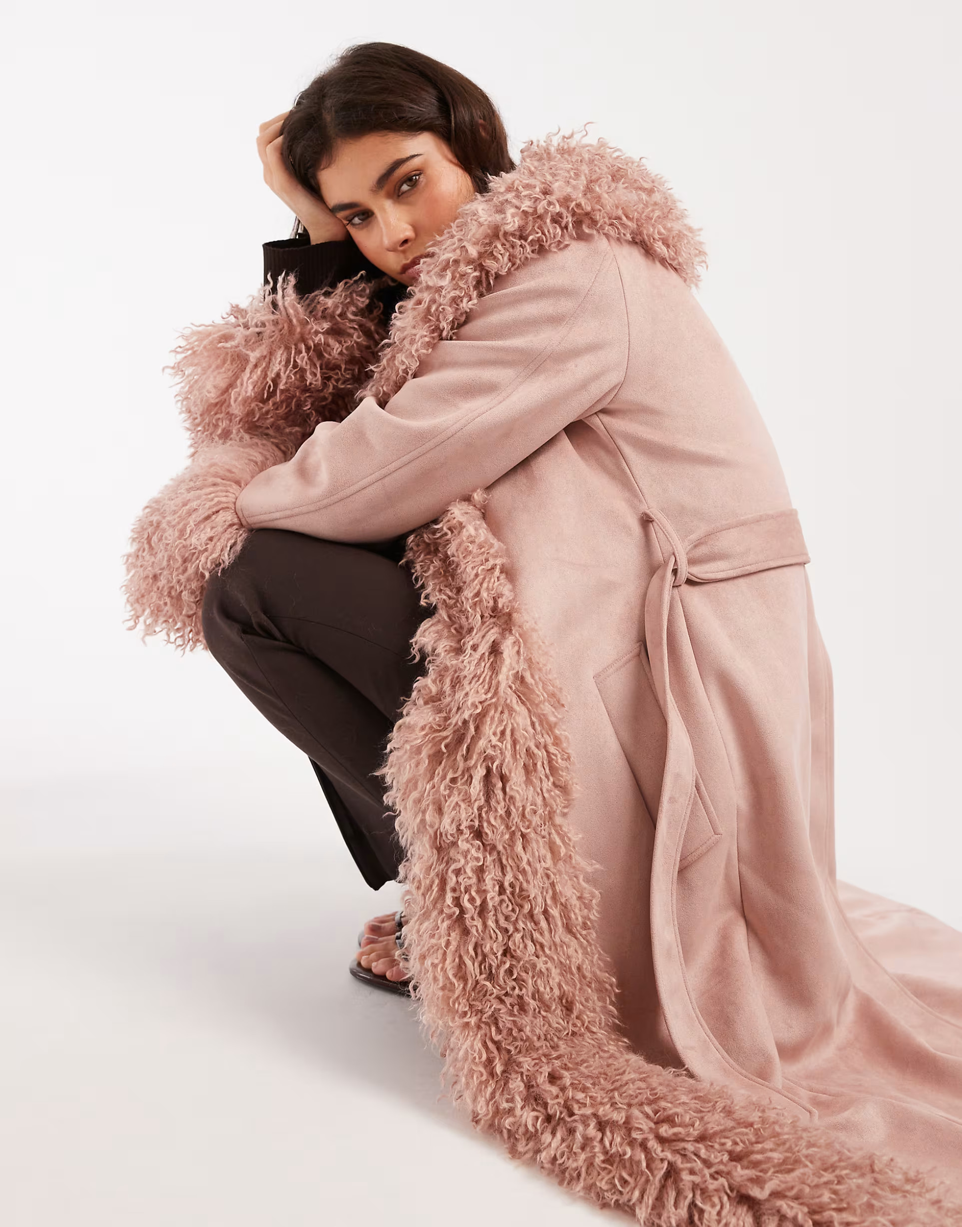 Miss Selfridge suedette faux mongolian trim trench coat in soft pink | ASOS (Global)