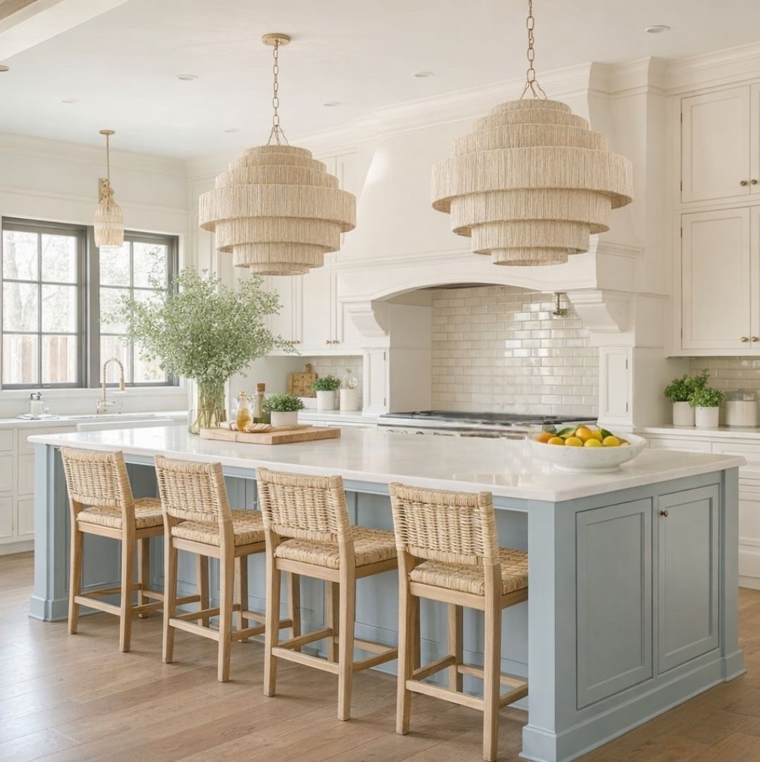 Soft coastal meets organic modern ✨ This kitchen is all about light layers, natural textures, and that dreamy blue gray island. The woven stools and statement fringe pendants add just the right amount of warmth to keep it feeling elevated but still relaxed.🤍🍋 The @Williams-Sonoma  marble bowl is the perfect finishing touch that’s timeless and practical. #coastalhome #kitchen #kitcheninspo #kitchenideas #counterstools #kitchendecor 

#LTKSaleAlert #LTKMothersDay #LTKHome