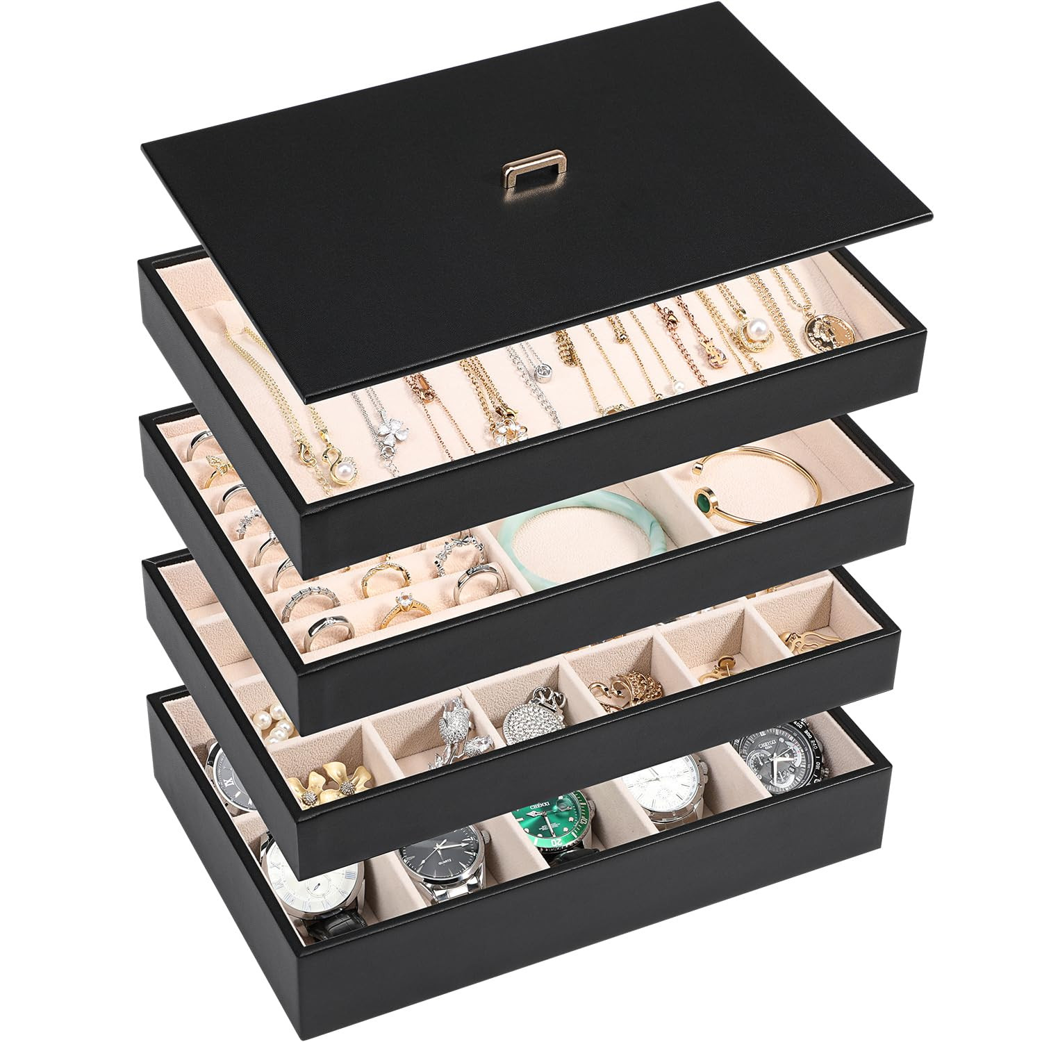 Voova Stackable Jewelry Organizer Tray with Lid, PU Leather Jewelry Storage Holder for Drawer Ins... | Amazon (US)