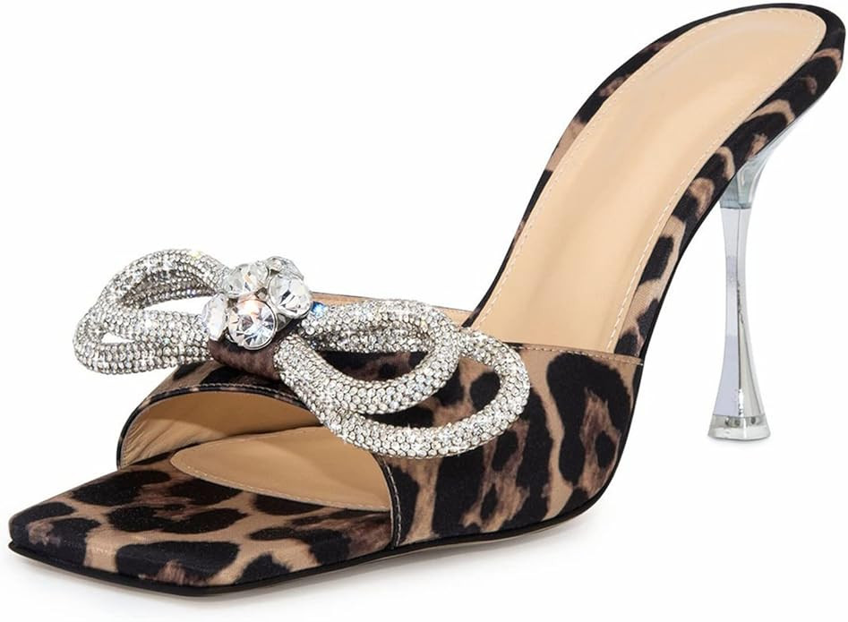 Women's Heeled Sandals Double Rhinestones Bow Satin Mules Square Open Toe Slip on Stilettos Clear... | Amazon (US)
