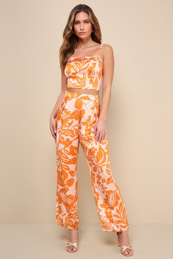 Sweet Cutie Orange and Blush Floral High-Rise Pants | Lulus