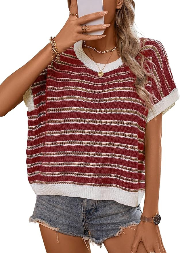 Short Sleeve Sweaters for Women 2026 Summer Casual Striped Cap Sleeve Tops Lightweight Hollow Out... | Amazon (US)