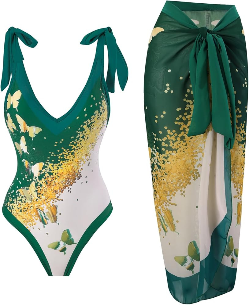 IDOPIP Women's One Piece Swimsuit with Beach Cover up Wrap Skirt Sarong Retro Floral Print Bikini... | Amazon (US)