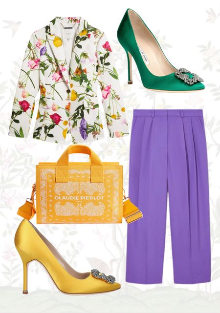 Floral jacket blazer styled with a bright tangerine handbag, purple trousers and green or yellow Manolo Blahnik Hangisis

#LTKstyletip #LTKshoecrush