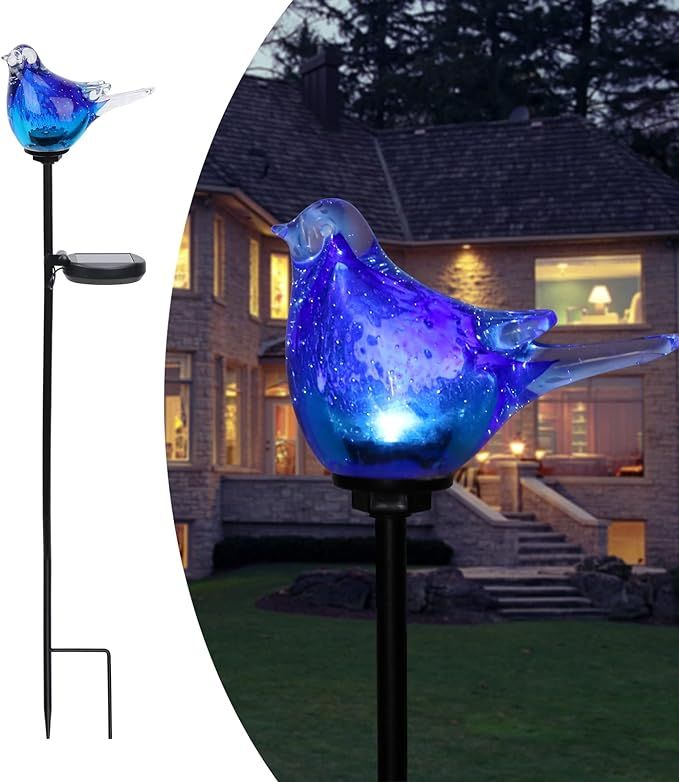 Afirst Solar Bluebird Garden Stake Lights - Hand Blown Glass Decorative Garden Pathway Lights Out... | Amazon (US)