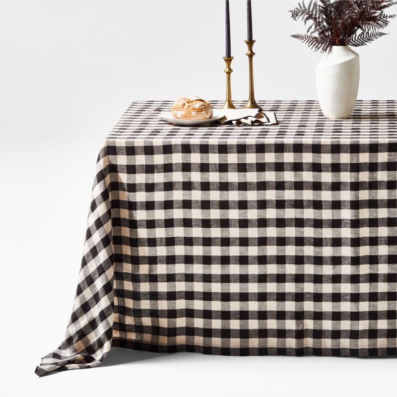 Marin Black and Natural EUROPEAN FLAX -Certified Linen Buffalo Check Oversized Tablecloth + Revie... | Crate & Barrel