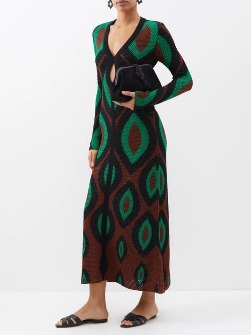 Johanna Ortiz - Mysterious World Knitted Cotton Midi Dress - Womens - Green Brown | Matches (UK)