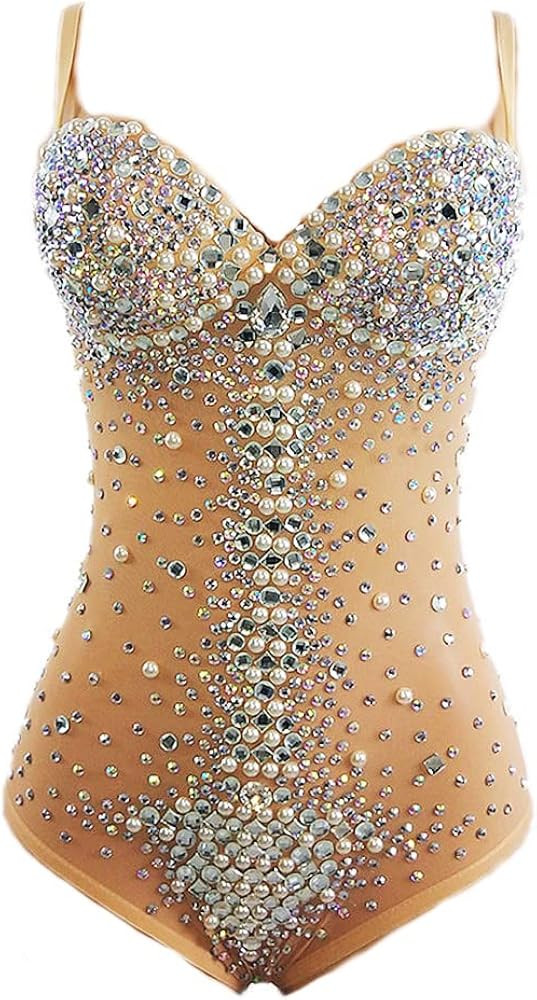 Sexy See Through Rhinestones Mesh Sleeveless Leotard Women Night Bar Dance Bodysuit Transparent S... | Amazon (US)
