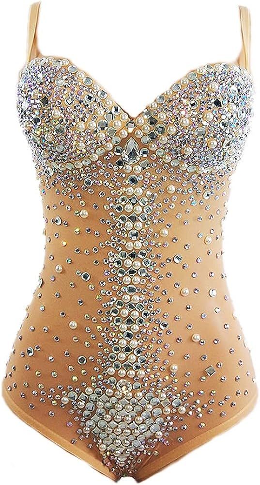 Sexy See Through Rhinestones Mesh Sleeveless Leotard Women Night Bar Dance Bodysuit Transparent S... | Amazon (US)