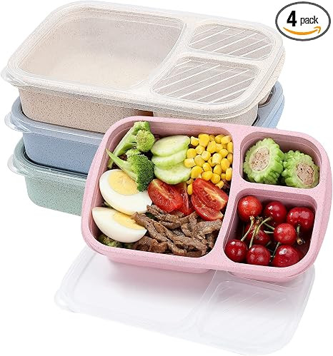buluker 4 Pack Bento Lunch Box Set 3 Compartment Food Storage Containers Wheat Straw Meal Prep Lu... | Amazon (US)
