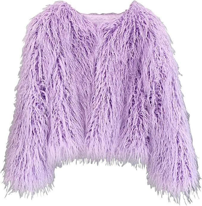 foefaik Winter Fluffy Faux Fur Coat Women's Shaggy Jacket Long Sleeve Outwear | Amazon (US)