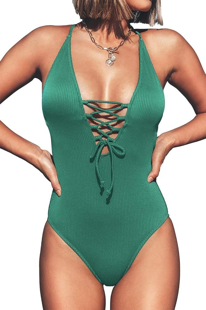 CUPSHE Women's Solid Color V Neck Lace Up One Piece Swimsuit | Amazon (US)