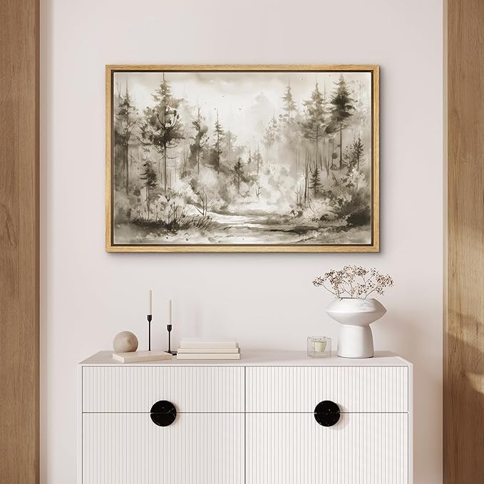 SIGNFORD Framed Canvas Print Wall Art Sepia Pine Tree Country Forest Trees Nature Wilderness Illu... | Amazon (US)
