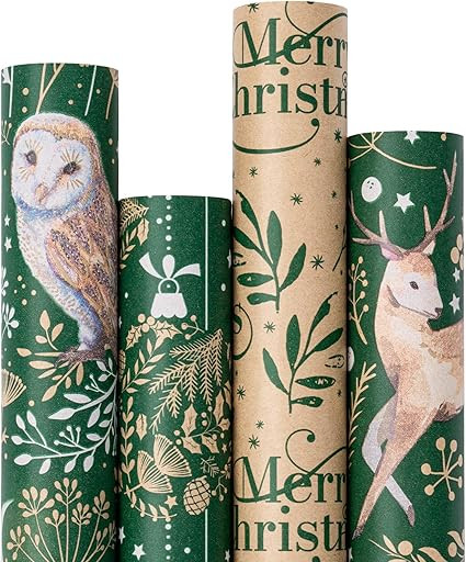 RUSPEPA Christmas Kraft Wrapping Paper - Owl, Reindeer, Christmas Ball and Text Design - 4 Rolls ... | Amazon (US)