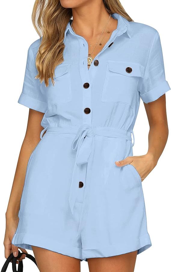 GRAPENT Women's Summer Short Sleeve Button Down Pockets Belted Jumpsuits Rompers | Amazon (US)