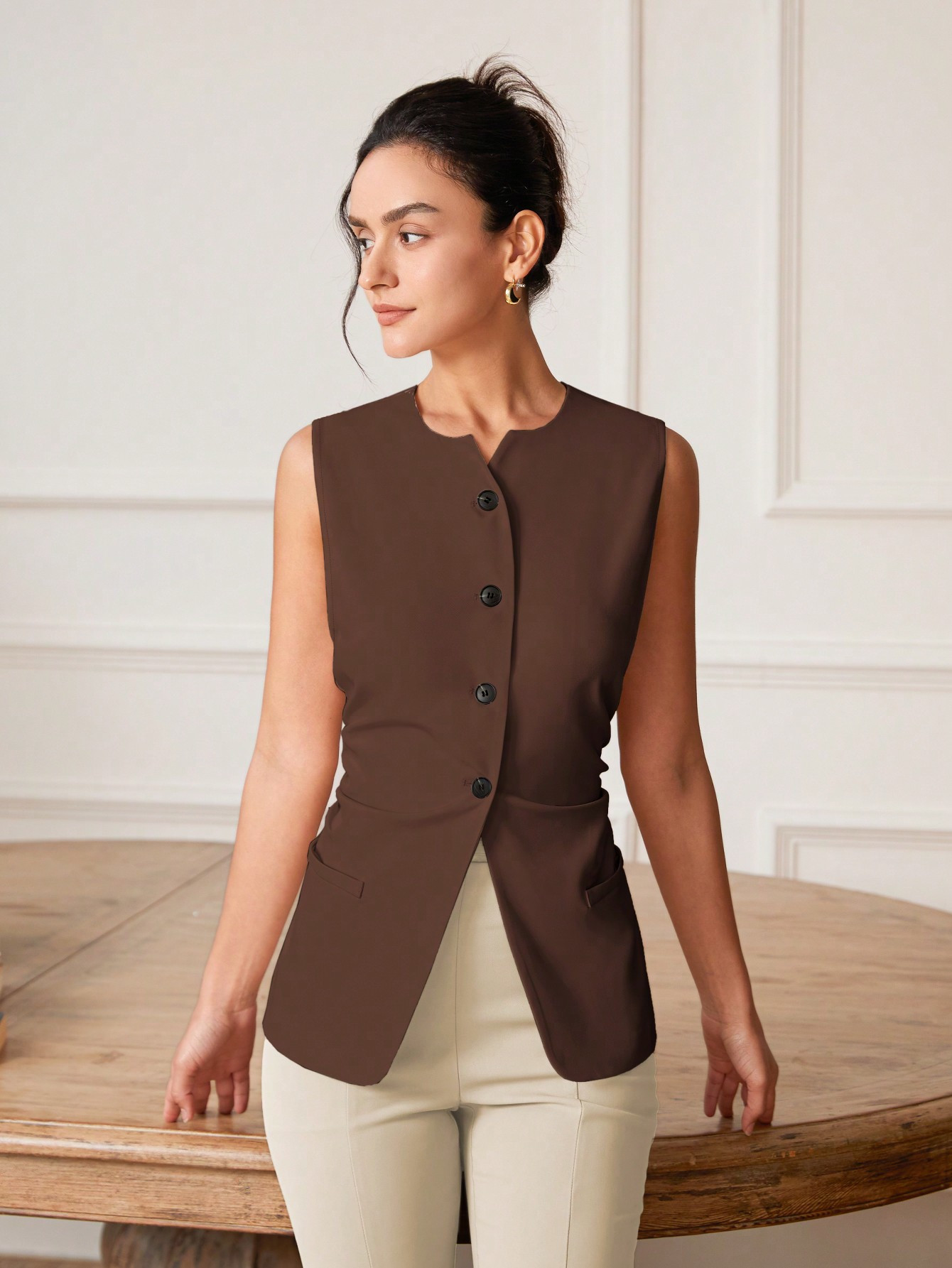 Casual Solid Color Ruched Waist Suit Vest, Spring & Summer | SHEIN