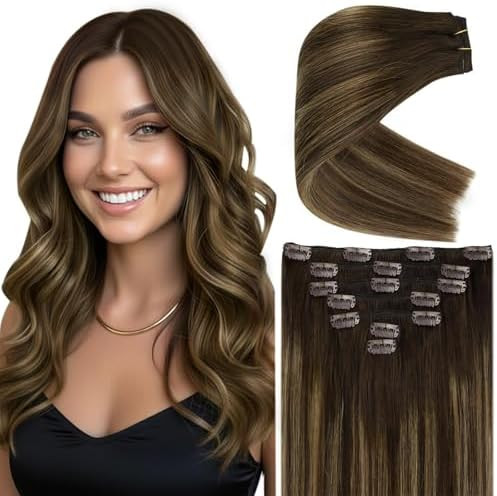 Ve Sunny Human Hair Clip in Extensions Medium Brown Balayage Ombre Caramel Blonde Clip in Hair Ex... | Amazon (US)