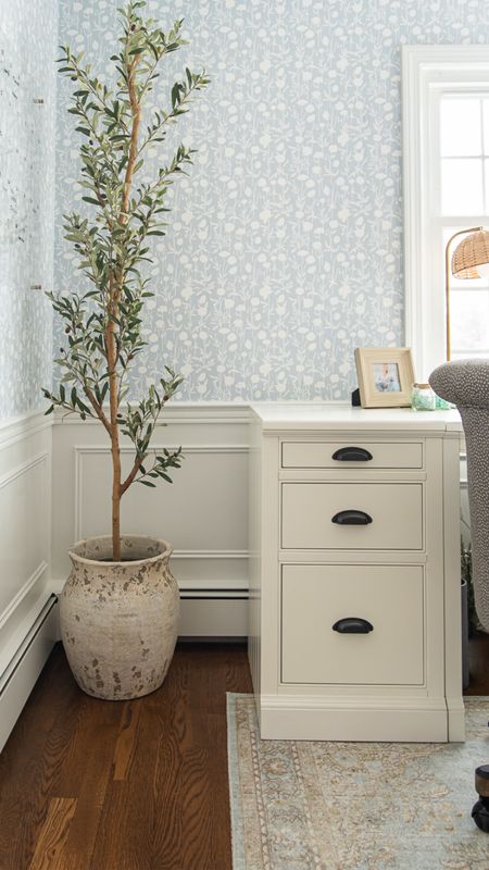 Update your home office with Serena and Lily floral wallpaper, artificial olive tree, white desk, and hutch, office chair and more coastal style home decor

#LTKhome #LTKfamily