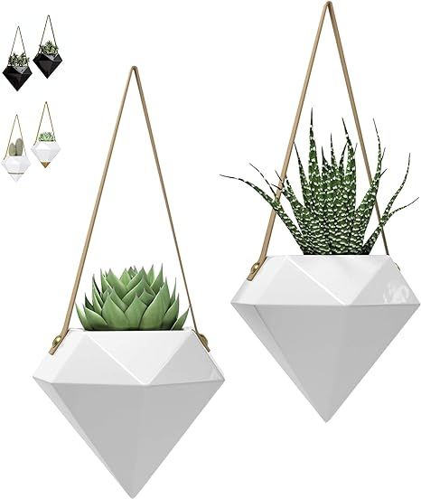 Geometric Ceramic Hanging Planters | Set of 2 | Modern Indoor & Outdoor Home Wall Planter | Hangi... | Amazon (US)