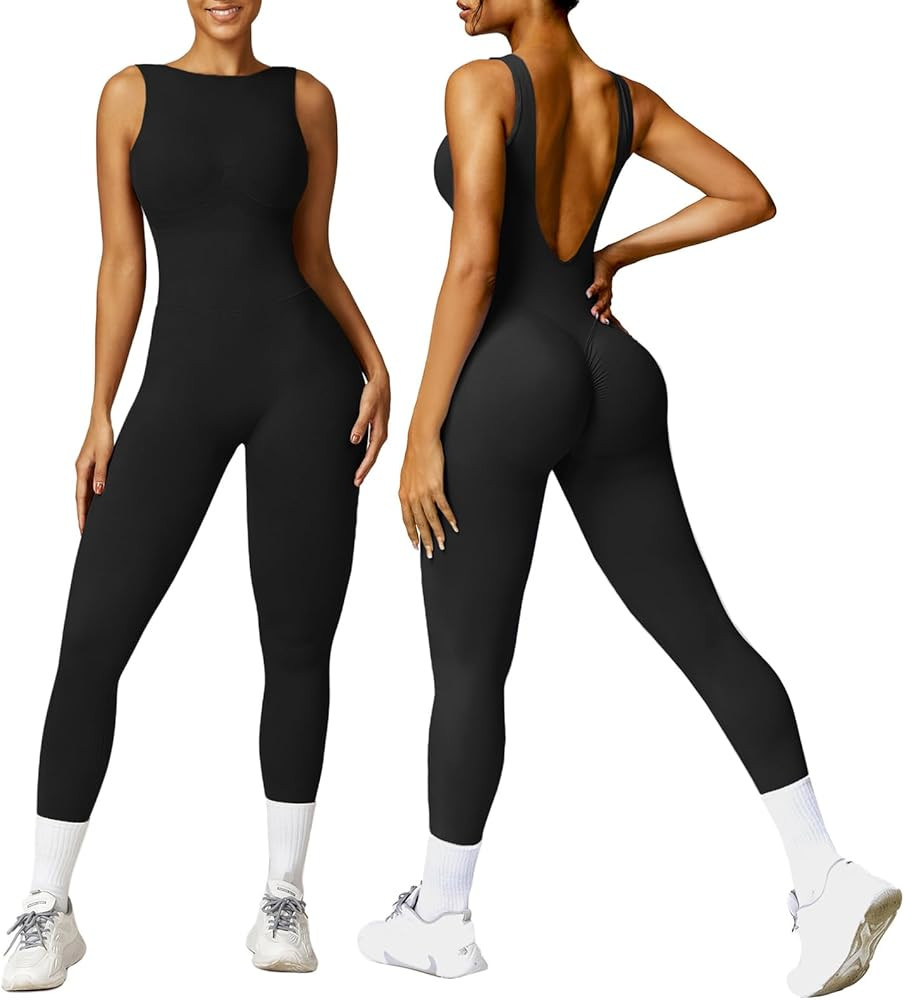 OEAK Womens Scrunch Butt Jumpsuits Crew Neck Backless Unitards Sleeveless Tummy Control Romper Se... | Amazon (US)