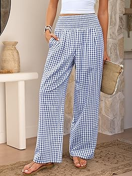 ANRABESS Womens Striped Gingham Palazzo Pants Wide Leg High Waisted Lounge Pajama Pants Cute Casu... | Amazon (US)