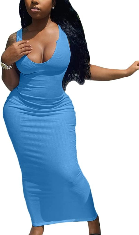 Mulisky Women's Sexy Bodycon Tank Dress Deep V Neck Sleeveless Ribbed Party Club Maxi Dress | Amazon (US)